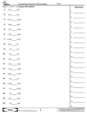 Comparing Decimals Worksheet