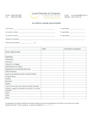 2014 Rental Income and Expenses Form