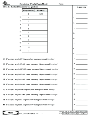 Completing Weight Chart Metric Worksheet