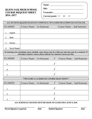 Klein Oak High School Course Request Sheet