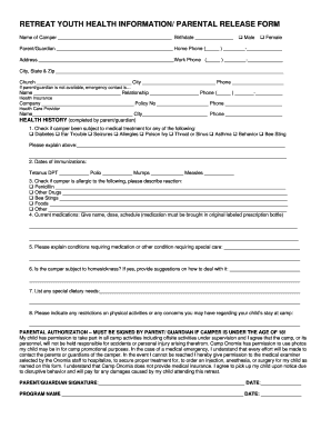 Retreat Youth Health Information and Parental Release Form