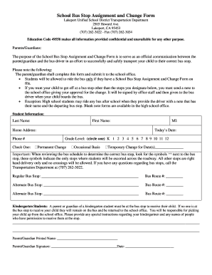 School Bus Stop Assignment and Change Form