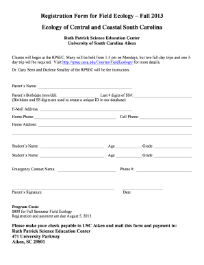 Softball field positions printable - Registration Form for Field Ecology Fall 2013 Ecology of - rpsec usca