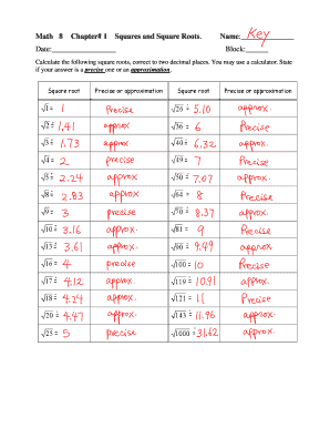 Math 8 Chapter 1 Squares and Square Roots Worksheet
