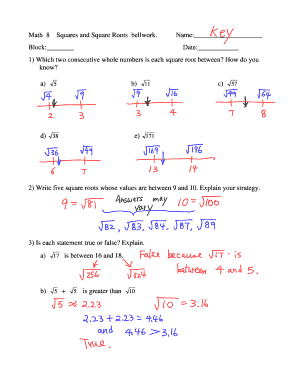Math 8 Squares and Square Roots Worksheet