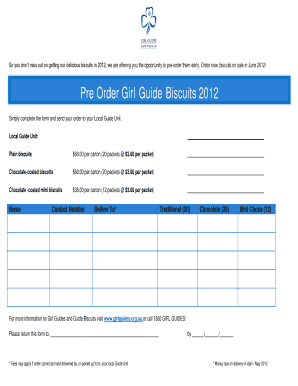 Girl Guide Biscuit Pre-Order Form 2012