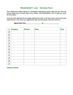 Windshield Replacement Estimate Form