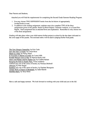 Second Grade Summer Reading Program Requirements