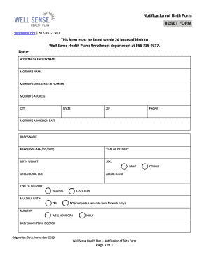 Well Sense Health Plan Notification of Birth Form