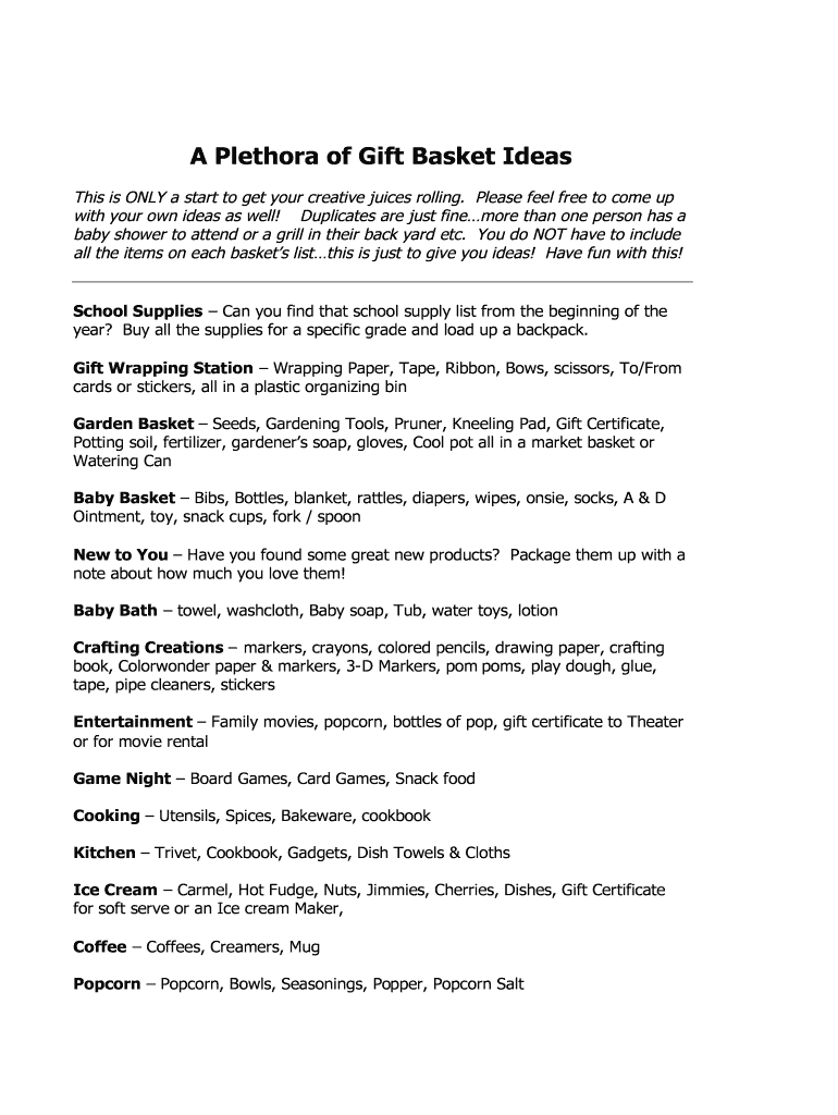 Fillable Online A Plethora of Gift Basket Ideas Fax Email Print pdfFiller