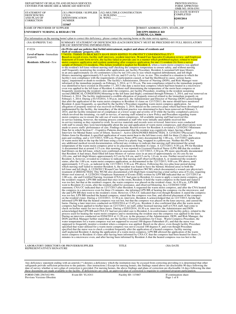 Fillable Online Nursing Home Survey Report Details for UNIVERSITY