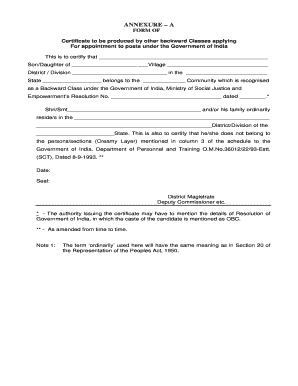Other Backward Classes Certificate