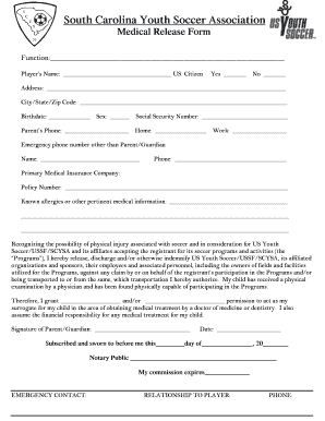 South Carolina Youth Soccer Medical Release Form