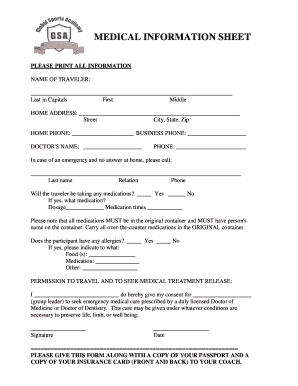 Medical Information Sheet for Travel