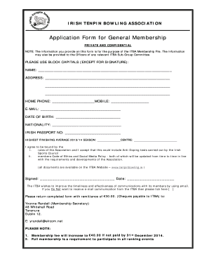 Irish Tenpin Bowling Association Membership Application