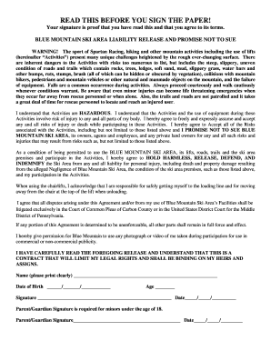 Blue Mountain Ski Area Liability Release