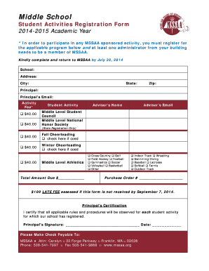 Middle School Student Activities Registration Form