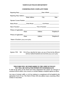 North East Police Department Commendation Complaint Form