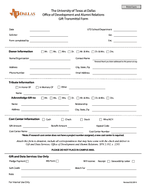 University of Texas Gift Transmittal Form