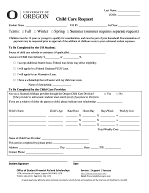 University of Oregon Child Care Request Form