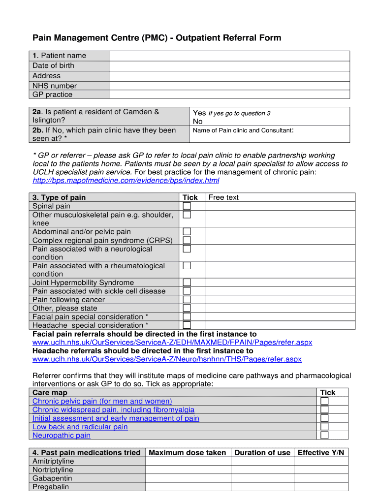 Fillable Online Pain Management Centre PMC bOutpatientb Referral