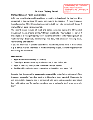 24 Hour Dietary Recall Form