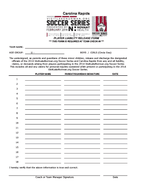 Carolina Rapids Player Liability Release Form