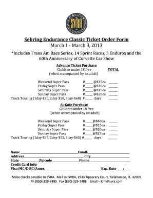 Sebring Endurance Classic Ticket Order Form