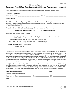 Parent Permission Slip and Indemnity Agreement