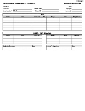 University of Pittsburgh Add/Drop/Withdrawal Form