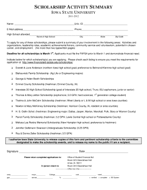 Fillable Online financialaid iastate SCHOLARSHIP ACTIVITY SUMMARY IOWA ...