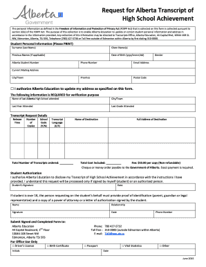 Alberta Transcript of High School Achievement Request Form