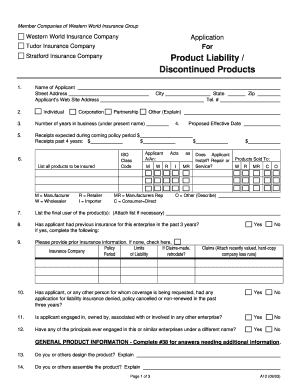 Western World Insurance Product Liability Application