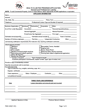 Health Club Liability Insurance Application