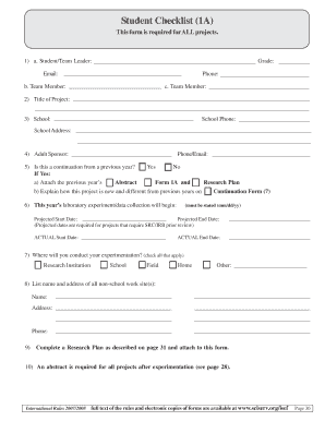 Student Checklist Form 1A