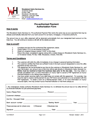 Woodstock Hydro Pre-authorized Payment Authorization Form