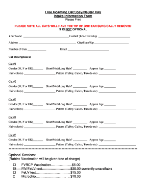 Free Roaming Cat Spay/Neuter Day Intake Form