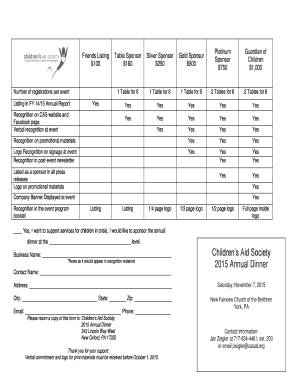 Table Sponsor $160 Silver Sponsor $250 Gold Sponsor $500 Platinum Sponsor $750 Guardian of Children $1,000 1 Table for 8 1 Table for 8 1 Table for 8 2 Tables for 8 2 Tables for 8 Yes Yes Yes Yes Yes Yes Yes Yes Yes Yes Yes Yes Yes Yes - - -