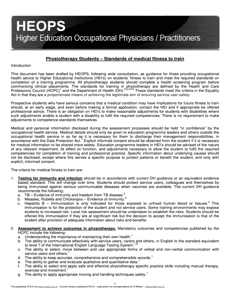 Fillable Online Physiotherapy Students Standards of medical fitness to