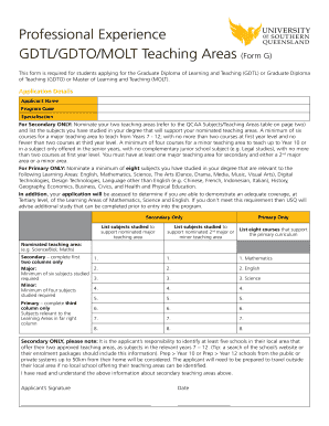 GDTL/GDTO/MOLT Teaching Areas Form