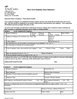 Short Term Disability Claim Statement
