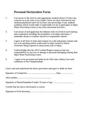 Open Water Swimming Personal Declaration Form