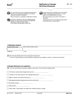 Kela Child Care Allowance Notification Form WH 12e