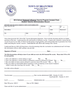 2013 School Seasonal Influenza Vaccine Program Consent Form