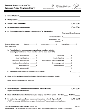 Canadian Public Relations Society Insurance Renewal Application