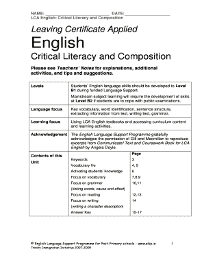 LCA English Critical Literacy and Composition Worksheet