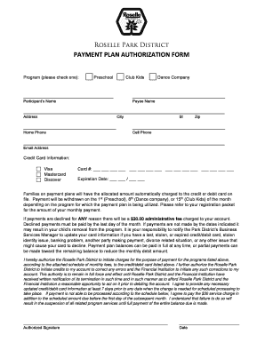 Roselle Park District Payment Plan Authorization Form