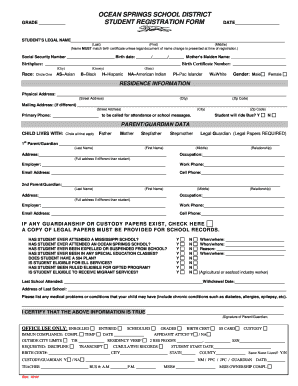 Ocean Springs School District Student Registration Form