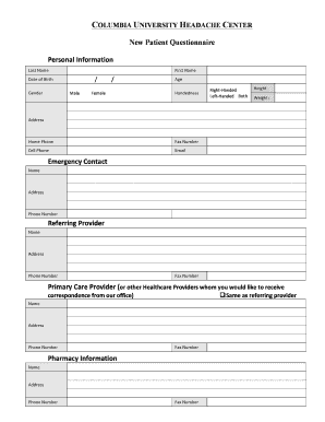 Columbia University Headache Center New Patient Questionnaire
