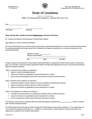 Louisiana Road Home Compliance and Monitoring Form